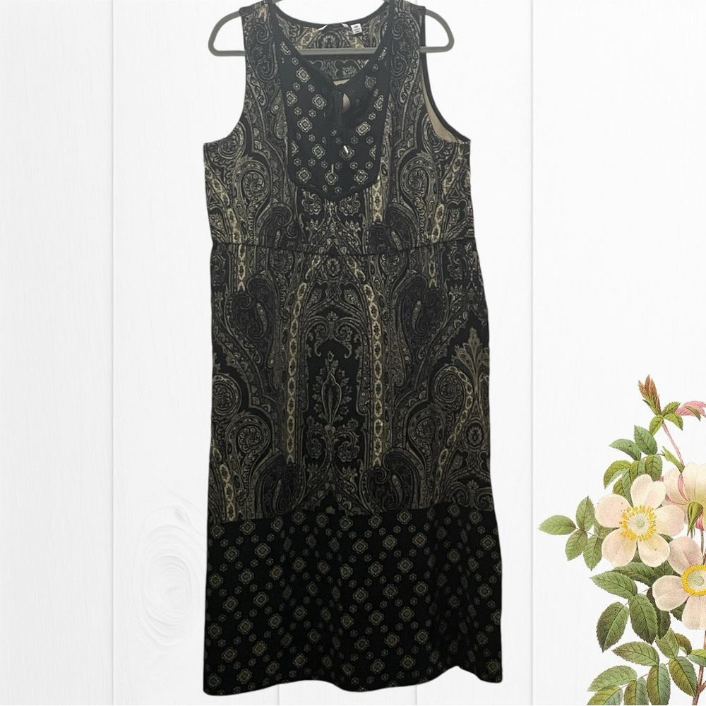 Isaac Mizrahi dress 1X midi/maxi sleeveless paisley design black/cream